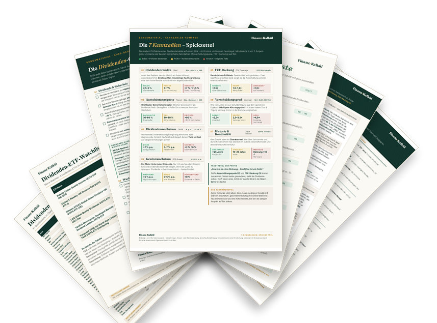 Die Boni: Watchlist, ETF-Watchlist, 7-Kennzahlen-Spickzettel, Dividenden-Checkliste, Bewertungs-Checkliste, Bollinger & RSI-Guide und Glossar als PDF